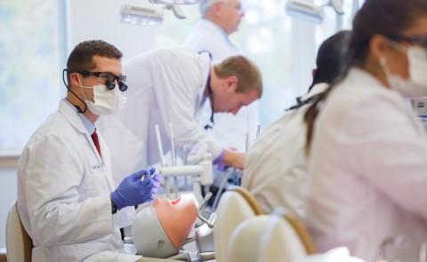 一名牙科学生在病人模拟器上工作